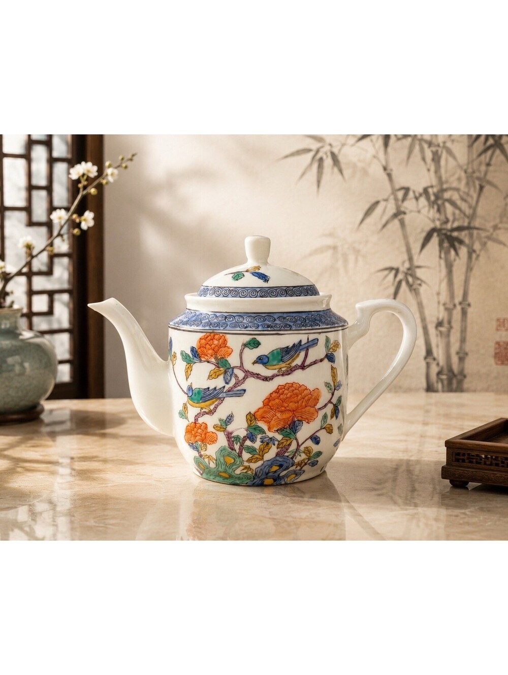A.C.F. Japan 1970s Teapot Bird Peony Cantonese Style Porcelain, 3.5x8”